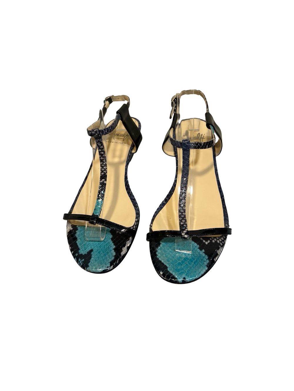 Amalfi Teal and Black Snake-Print T-Strap Sandals 8.5